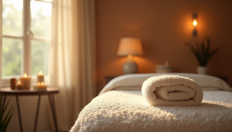 Close-up de sala de massagem com iluminação suave e decoração aconchegante