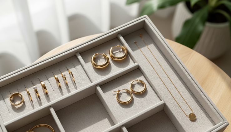 Top-down view of gold-plated rings and earrings placed in separate jewellery compartments