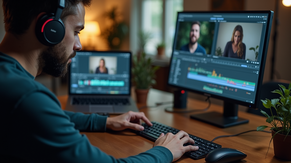 Close-up view of a video editor working on emotional storytelling footage