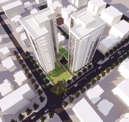 Aerial view of two modern high-rise buildings