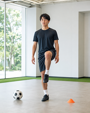 片脚で立ち、スポーツ復帰に向けたバランスを確認する様子