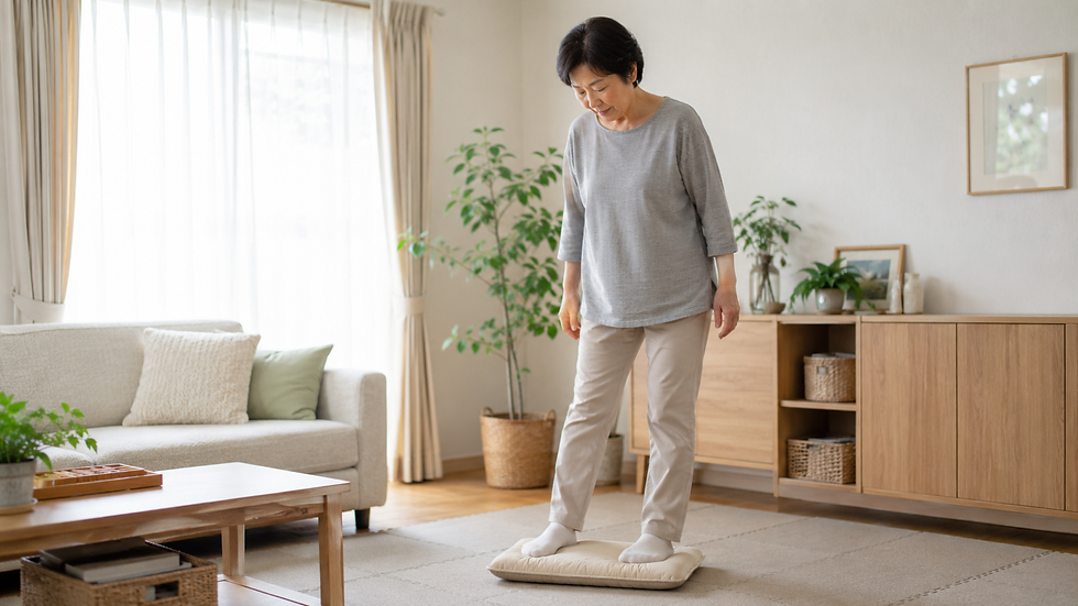 リハビリ後の体重のかかり方を確認するため、座布団の上で立ち方を見直す60代女性