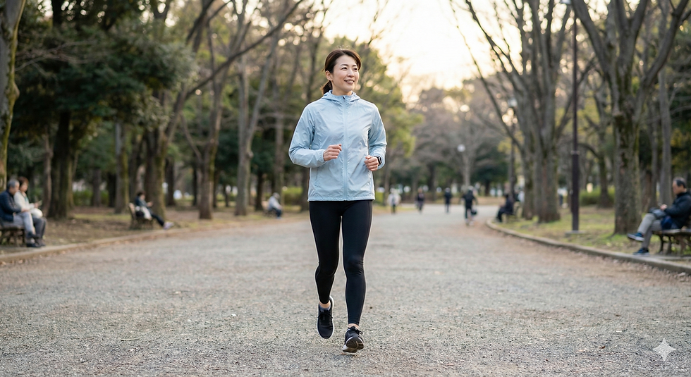 コンディショニングを経て公園で軽やかなジョギングを再開し、笑顔を見せる40代女性
