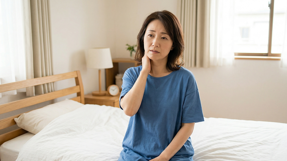 ベッドに座り、首を痛めて手を添えている日本人女性。寝違えの症状。