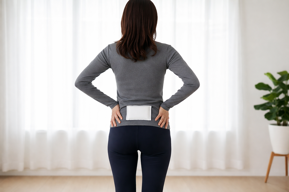 冬に腰が冷えて重く感じやすい女性が、腰にカイロを当てて温めている様子。大宮のコンディショニング整体ブログで紹介する冷え対策のイメージ。