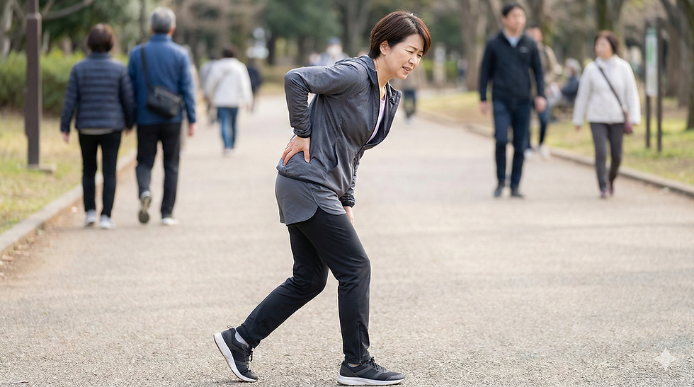 大宮公園の遊歩道で、ウォーキング中に立ち止まり、苦痛の表情で腰に手を当てる40代女性