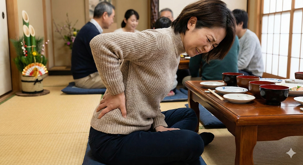 お正月明けの腰痛の原因となる床座りで腰椎の屈曲(丸まり)が強まり、腰の重だるさに悩む40代女性