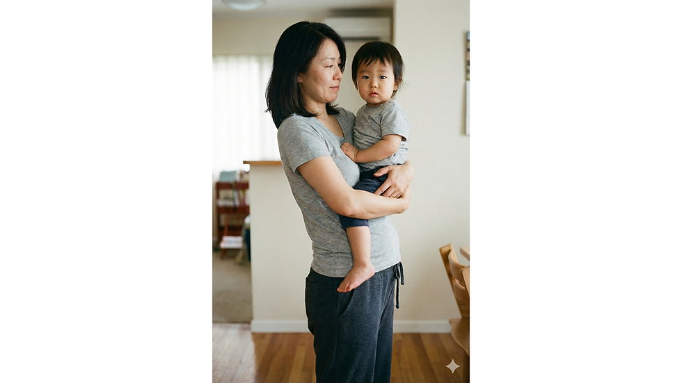 子供の抱っこにより骨盤が前に出て、スウェイバック姿勢になっている女性の日常シーン