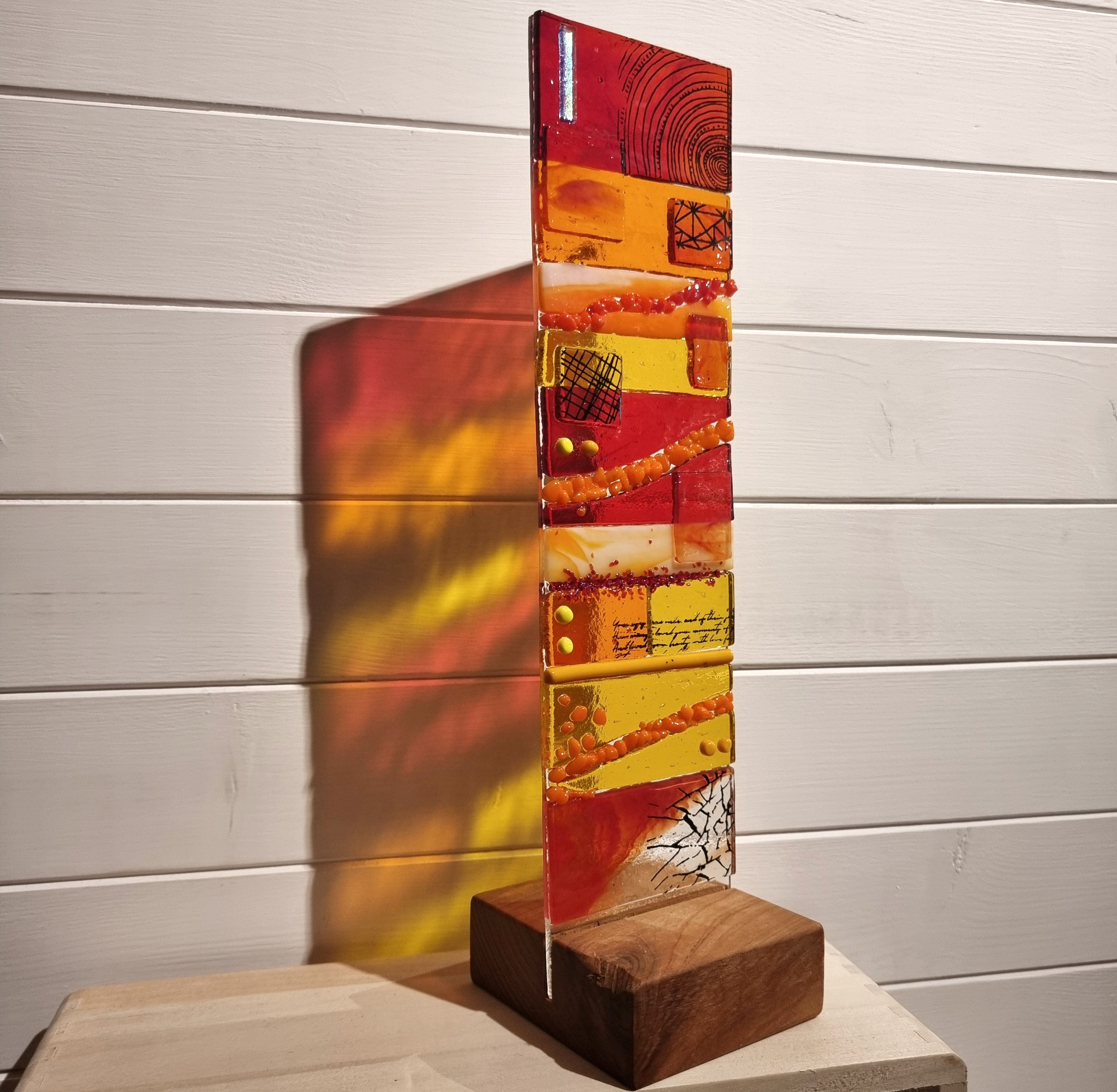 Red Totem 2 - Red Glass Sculpture - Fused Glass on Cherry Base