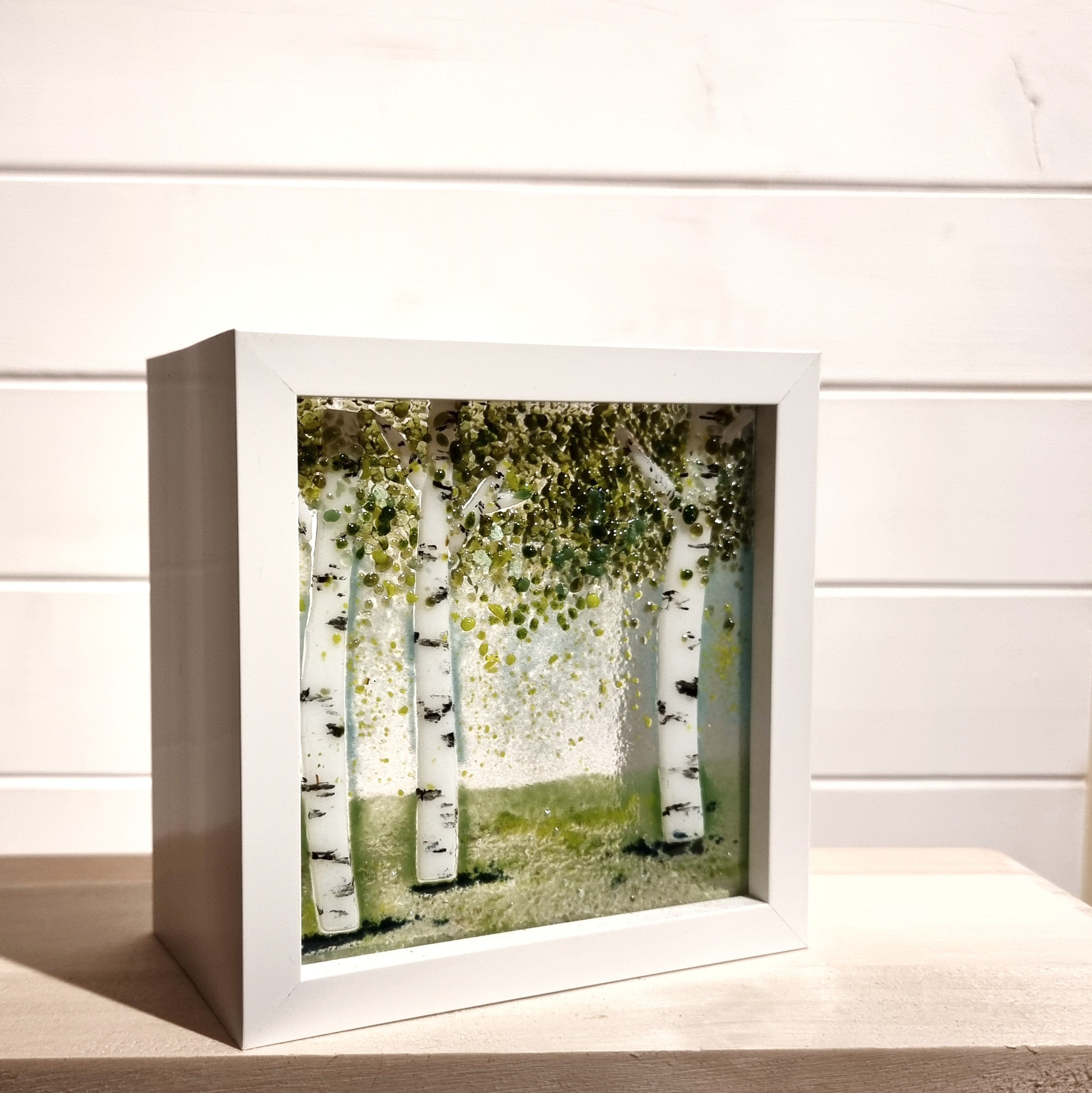 Birch Trees - Fused Glass in White Frame