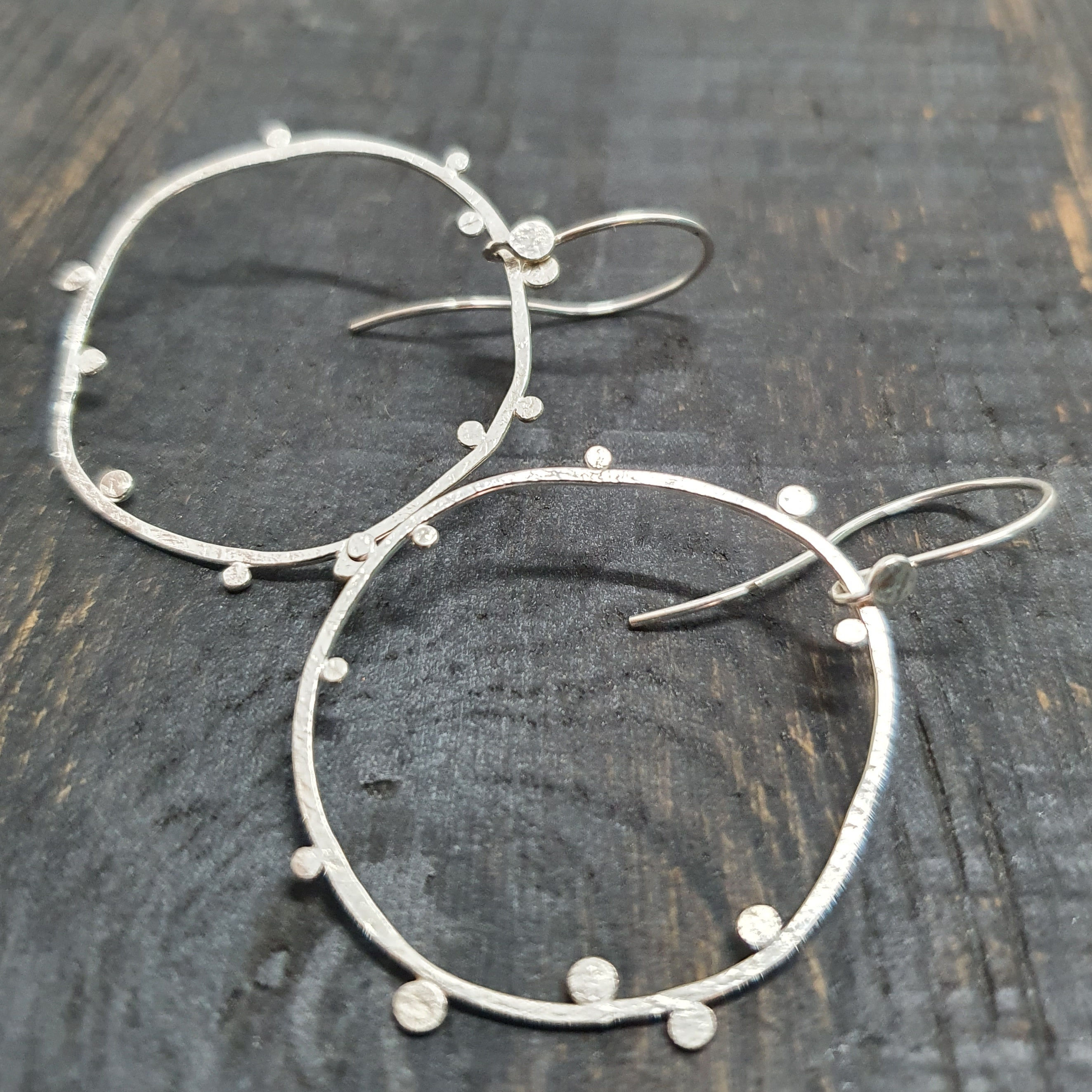 Mad Dot Dangle Hoop Hooks, Rustic Hoops, Silver Hoop Earrings, Artisan Hoops