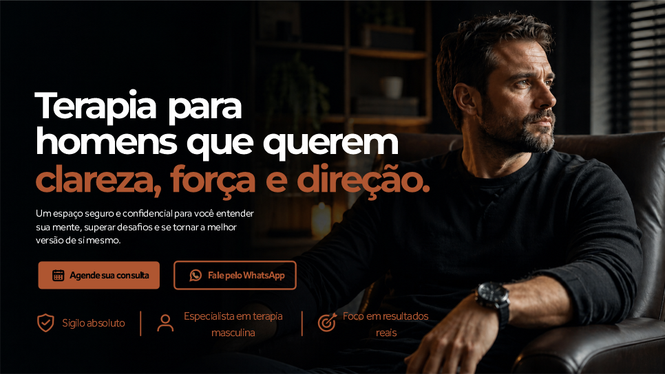 Banner com um homem sentado em uma cadeira almofadada com o texto: Terapia para homens que querem clareza, força e direção