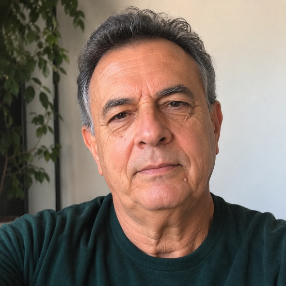 Homem de meia idade com camiseta preta em selfie
