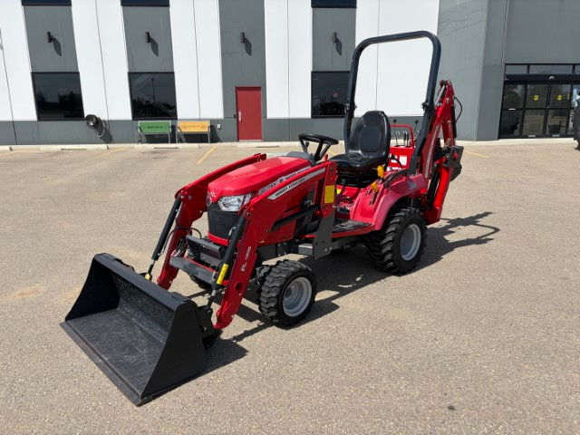 Red 2020 Massey GC1723EB tractor with front loader and backhoe