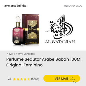 O Sabah Perfume Árabe Feminino 100ml traduz feminilidade, sedução e sofisticação em uma fragrância envolvente. Com aroma marcante e duradouro, é perfeito para destacar sua presença em qualquer ocasião. Produto original, ideal para mulheres que gostam de perfumes intensos e elegantes.