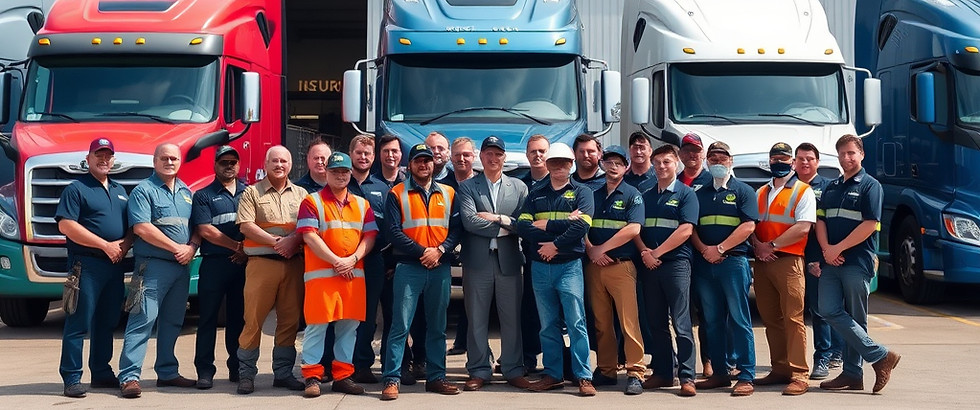 large group of employees in front of factory with semi trucks.jpg