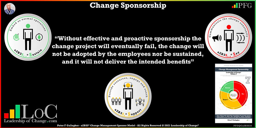 Change Management Sponsorship, without effective and proactive sponsorship the change project will eventually fail, Peter F Gallagher Change Management Experts Speakers Global Thought Leaders, Peter F Gallagher Change Management Expert Speaker Global Thought Leader, change sponsorship, leadership of change, change management handbook,