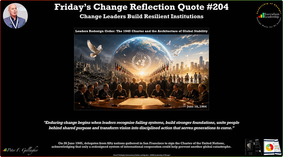 Peter F Gallagher, Leadership, Friday change reflection quote, Saeculum Leadership, change management quotes, leadership of change, change leadership, leadership gurus, Change Leaders Build Resilient Institutions, Saeculum Signal, change management, leadership expert, global gurus, global gurus leadership, change gurus, change management gurus, change management leading authority, change management global thought leaders, change leadership speakers, Charter of the UN,