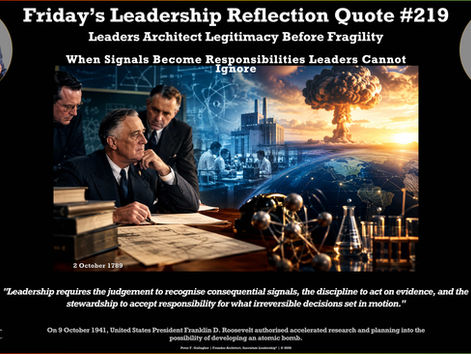 Peter F. Gallagher, Founder-Architect of Saeculum Leadership®, presents FLRQ218, a leadership reflection exploring leadership, stewardship, institutional resilience and generational responsibility. This week's leadership reflection: Leaders Accept Decisions Create Responsibilities.