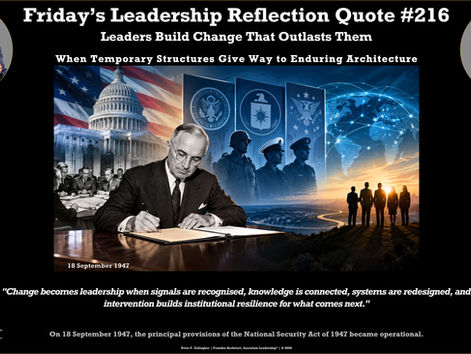 Peter F. Gallagher, Founder-Architect of Saeculum Leadership®, presents FLRQ218, a leadership reflection exploring leadership, stewardship, institutional resilience and generational responsibility. This week's reflection: Leaders Build Change That Outlasts Them.