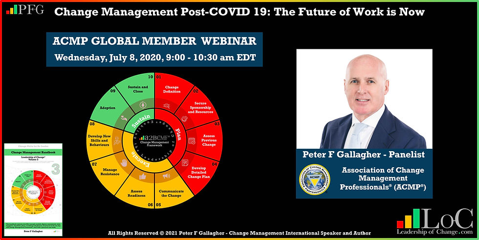 change management keynote speaker, Peter F Gallagher change management experts, Peter F Gallagher change management speakers, Change Leadership Keynote, Peter F Gallagher change management speaker, Peter F Gallagher change management expert speaker global thought leader, change management global thought leaders, change management leadership, change management leadership handbook, leadership of change, acmp Change Management’s Role in the Future of Work,