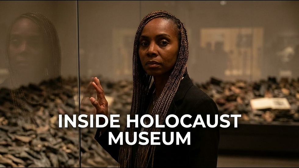 Annette Harris with braided hair stands by glass in a dim Holocaust museum; bold text reads INSIDE HOLOCAUST MUSEUM