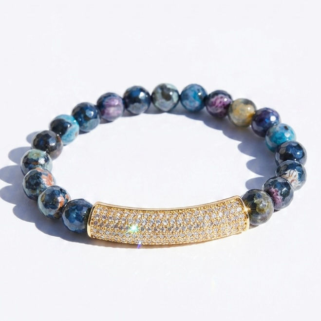 Gold CZ Long Bar Bracelet in Mystic Multicolor Agate