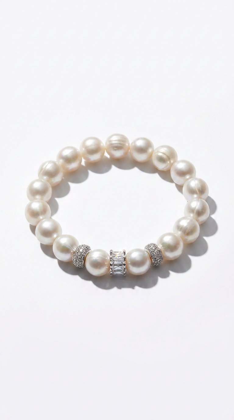 Freshwater Pearl and Silver CZ Beaded Bracelet