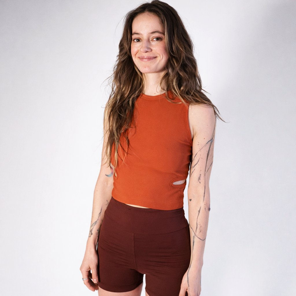 Ribbed Crop Top w/Cutout - Terracotta Red