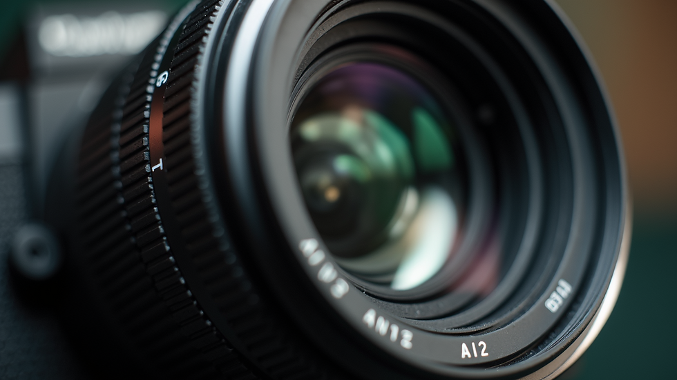 Close-up view of a camera lens with focus ring and aperture blades