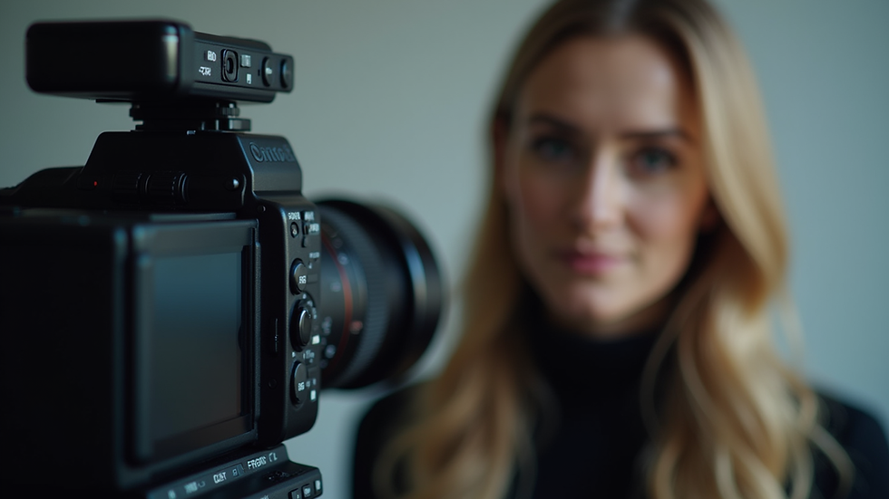 Close-up view of a professional camera capturing a corporate headshot