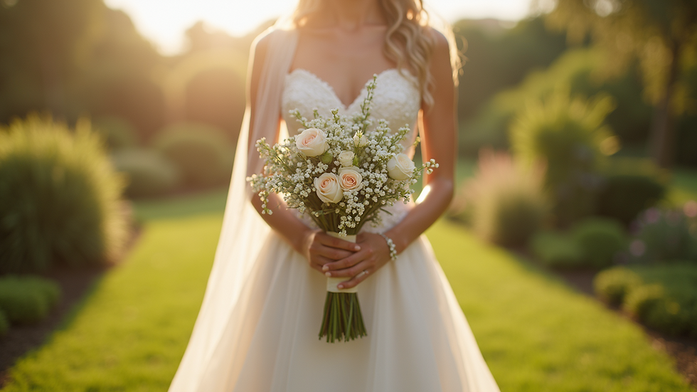 Eye-level view of a bride holding a bouquet in a sunlit garden