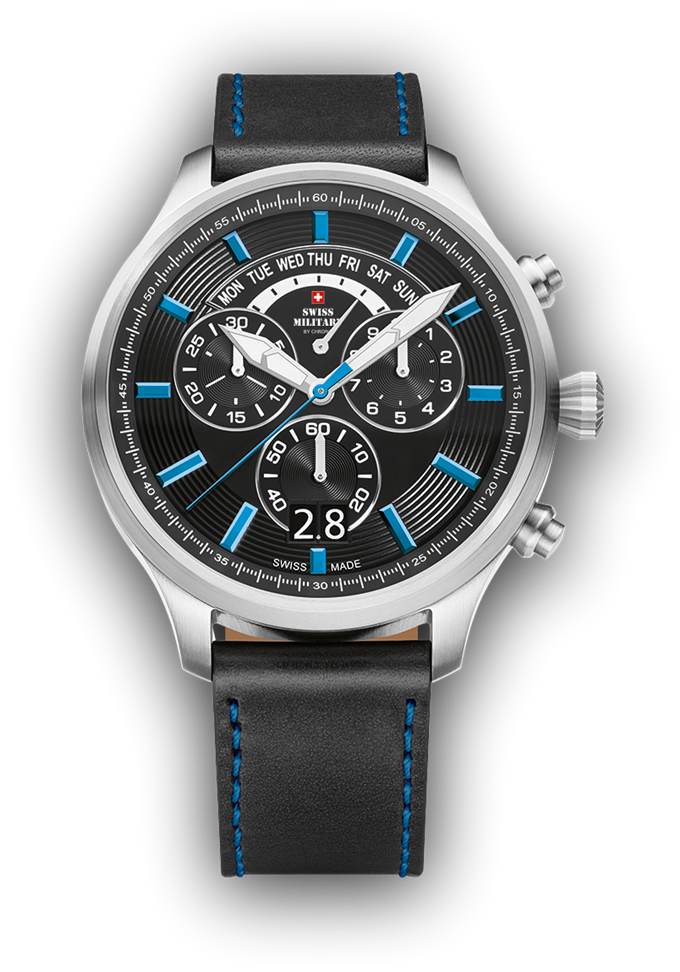 Miniature : Montre Swiss Military, boîtier en acier, bracelet en cuir noir, cadran noir, étanche à 100m, garantie de 5 ans.