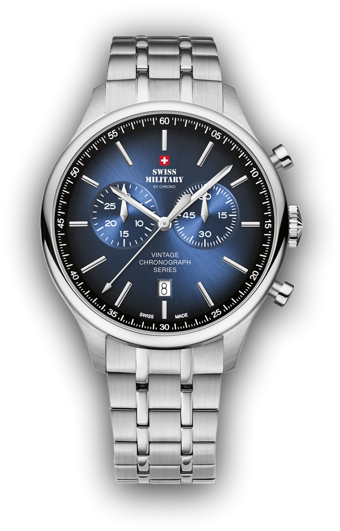 Miniature : Montre Swiss Military, boîtier en acier, bracelet en acier, cadran bleu et noir, étanche à 100m, garantie de 5 ans.