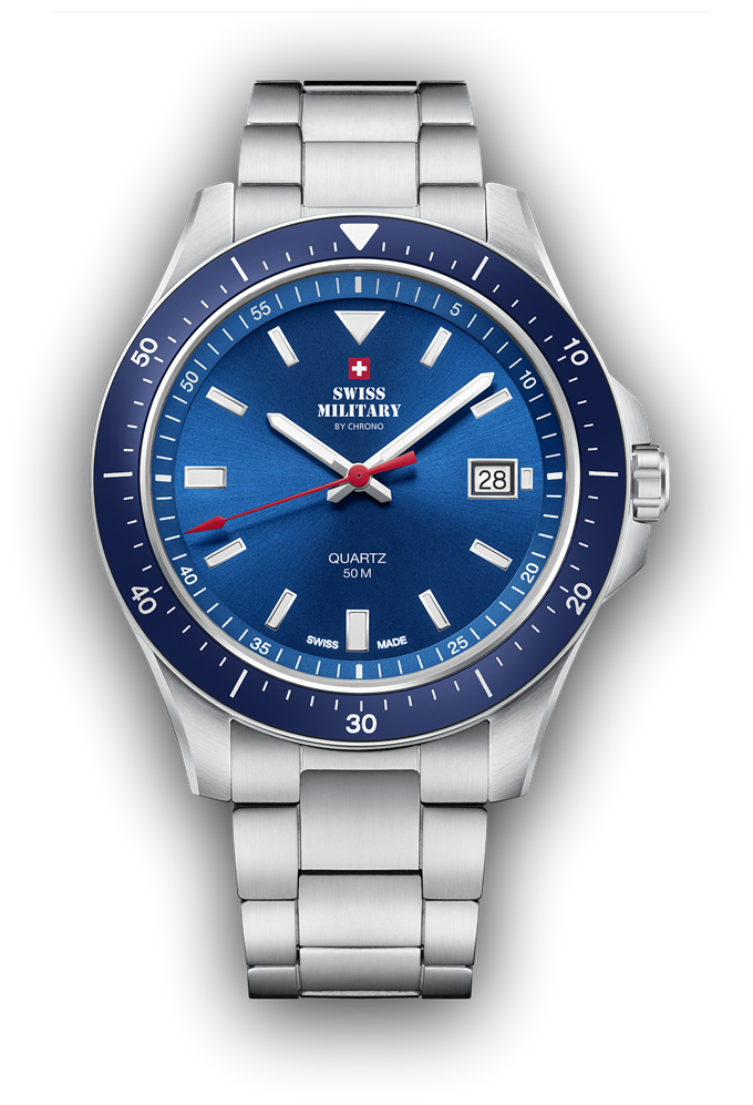 Miniature : Montre Swiss Military, boîtier en acier bleu, bracelet en acier gris , cadran bleu, étanche à 50m, 5 ans de garantie.