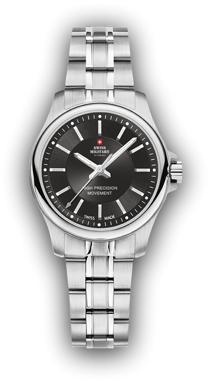 Miniature : Montre Swiss Military, boîtier en acier gris, bracelet en acier gris, cadran noir, étanche à 100m, 5 ans de garantie.