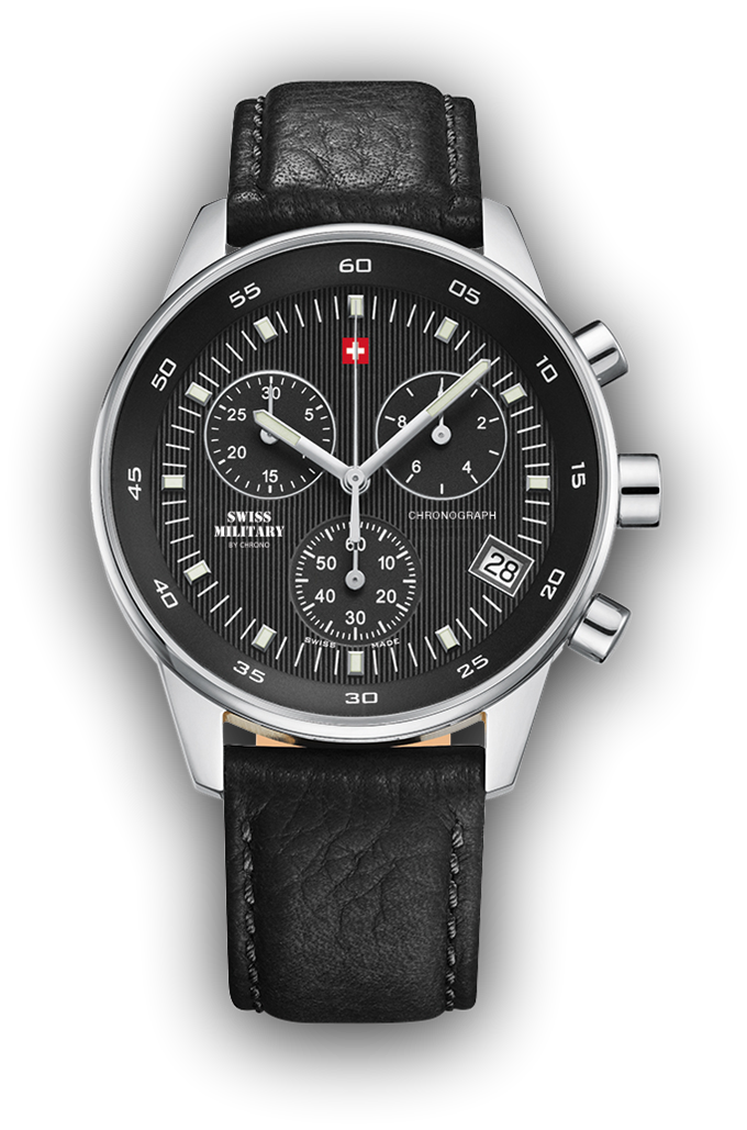 Montre Swiss Military, boîtier en acier gris, bracelet en cuir noir, cadran noir, pas étanche, 5 ans de garantie.