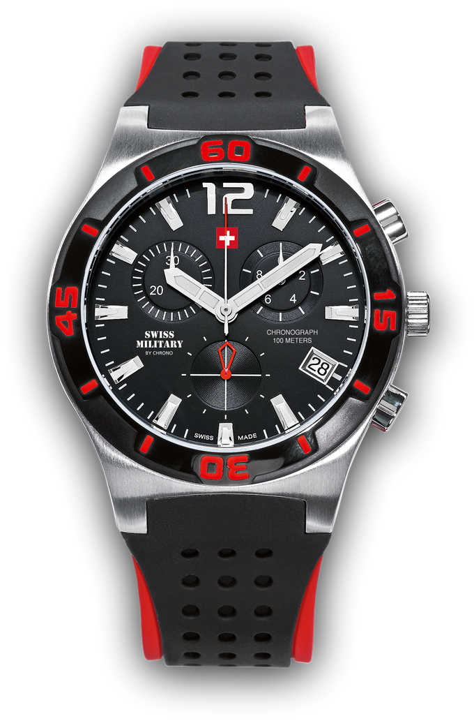 Miniature : Swiss Military, boîtier en acier noir, bracelet en silicone noir et rouge, cadran noir, étanche à 100m, 5 ans de garantie.