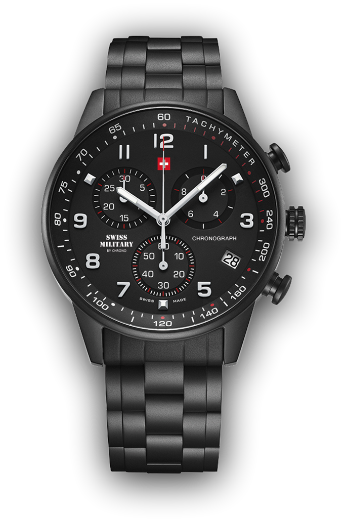 Miniature : Montre Swiss Military, boîtier en acier noir, bracelet en acier noir, cadran noir, étanche à 100m, 5 ans de garantie.