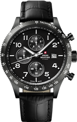 Miniature : Montre Swiss Military, boîtier en acier noir, bracelet en cuir noir, cadran noir, étanche à 100m, garantie de 5 ans.