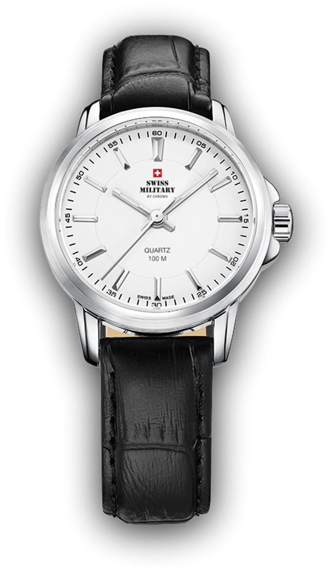 Miniature : montre Swiss Military, boîtier en acier,  cadran blanc, bracelet en cuir noir, étanche à 100m, garantie 5 ans.