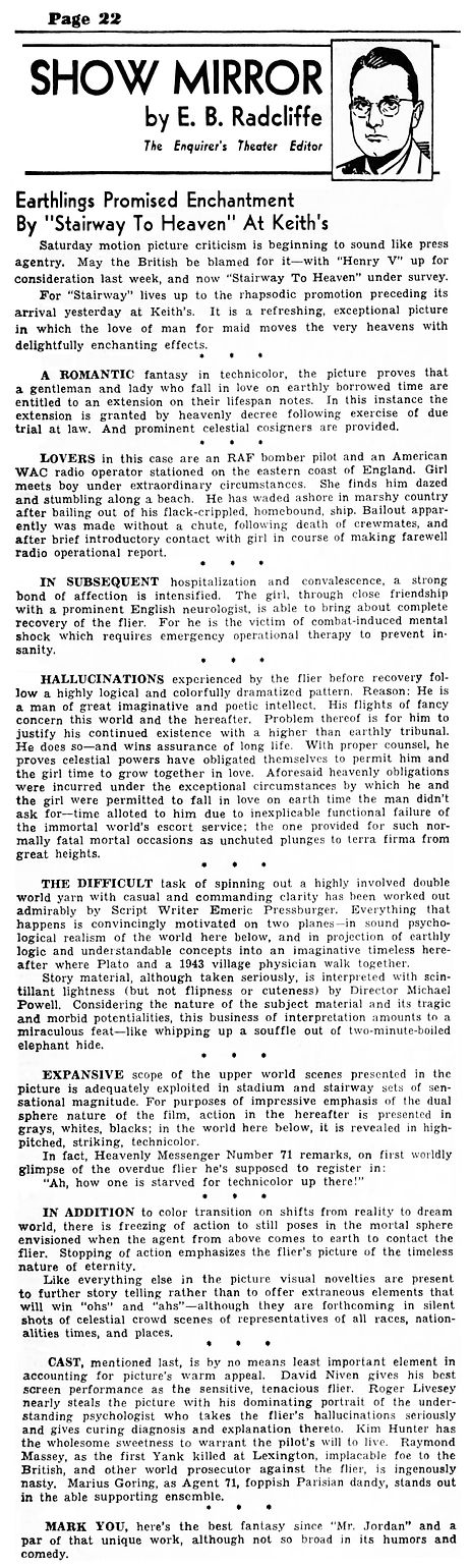 AMOLAD review by E.B. Radcliffe in The Cincinnati Enquirer (Cincinnati, Ohio) 8 March 1947