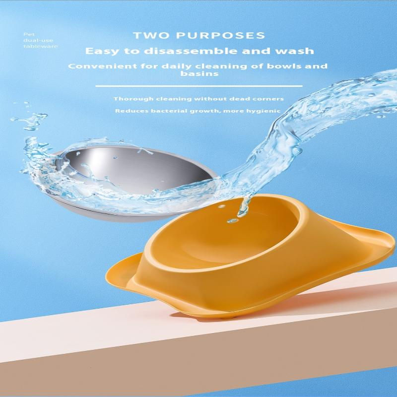 Thumbnail: 1pc Stainless Steel Double Dog Bowl Cat Food Container Non-slip Base Pet Water F