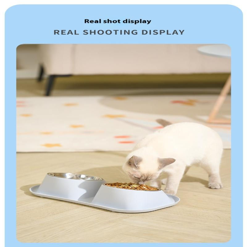 Thumbnail: 1pc Stainless Steel Double Dog Bowl Cat Food Container Non-slip Base Pet Water F
