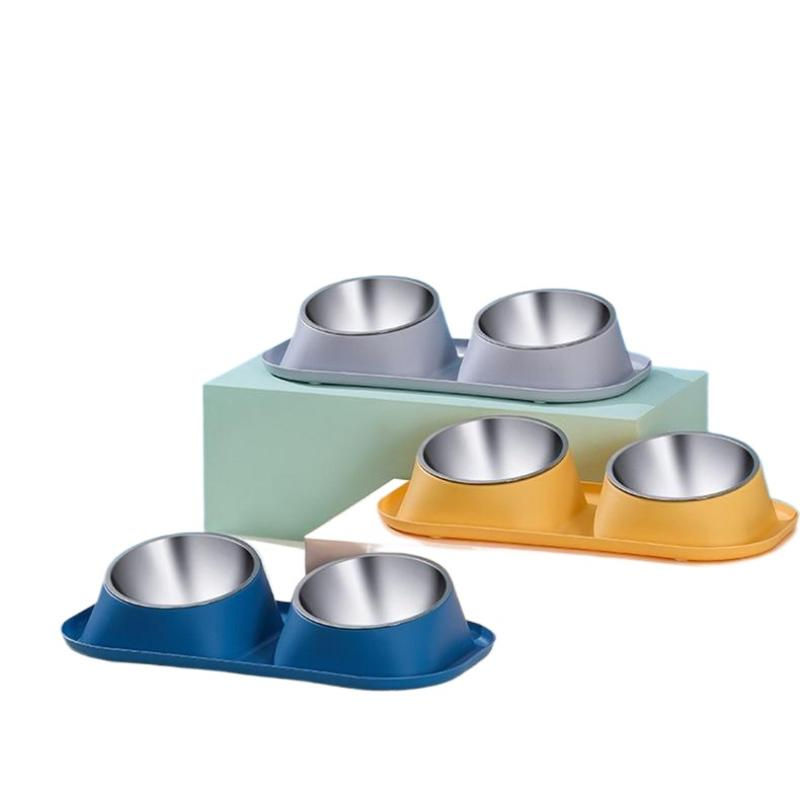 Thumbnail: 1pc Stainless Steel Double Dog Bowl Cat Food Container Non-slip Base Pet Water F