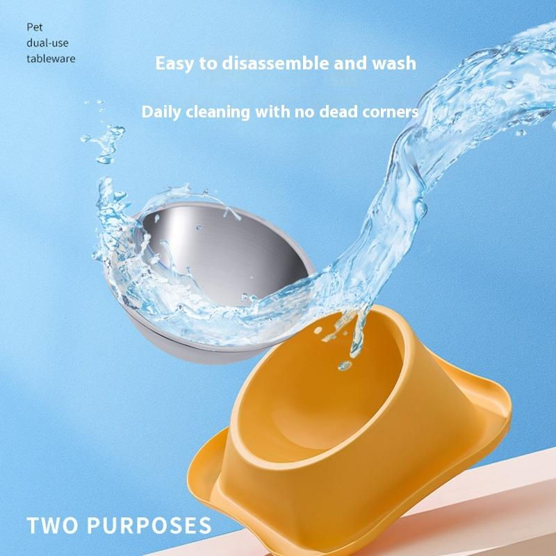 Thumbnail: 1pc Stainless Steel Double Dog Bowl Cat Food Container Non-slip Base Pet Water F