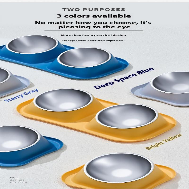 Thumbnail: 1pc Stainless Steel Double Dog Bowl Cat Food Container Non-slip Base Pet Water F