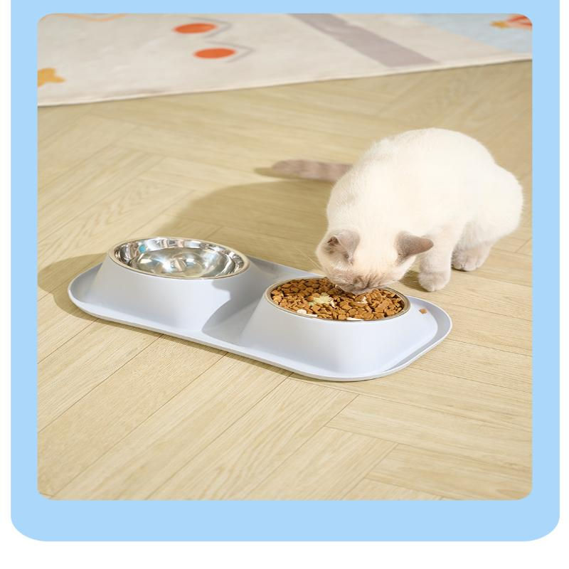 Thumbnail: 1pc Stainless Steel Double Dog Bowl Cat Food Container Non-slip Base Pet Water F