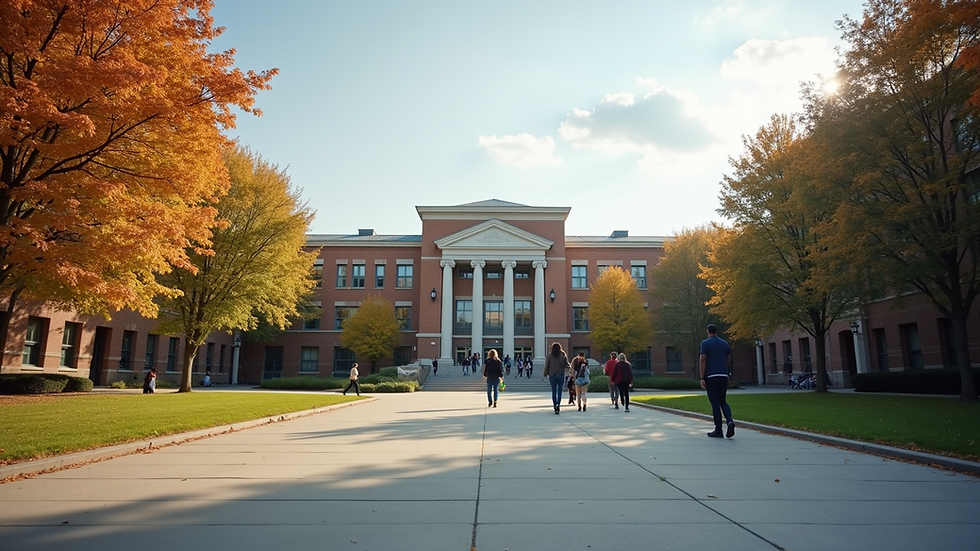 Eye-level view of a university campus building with students walking