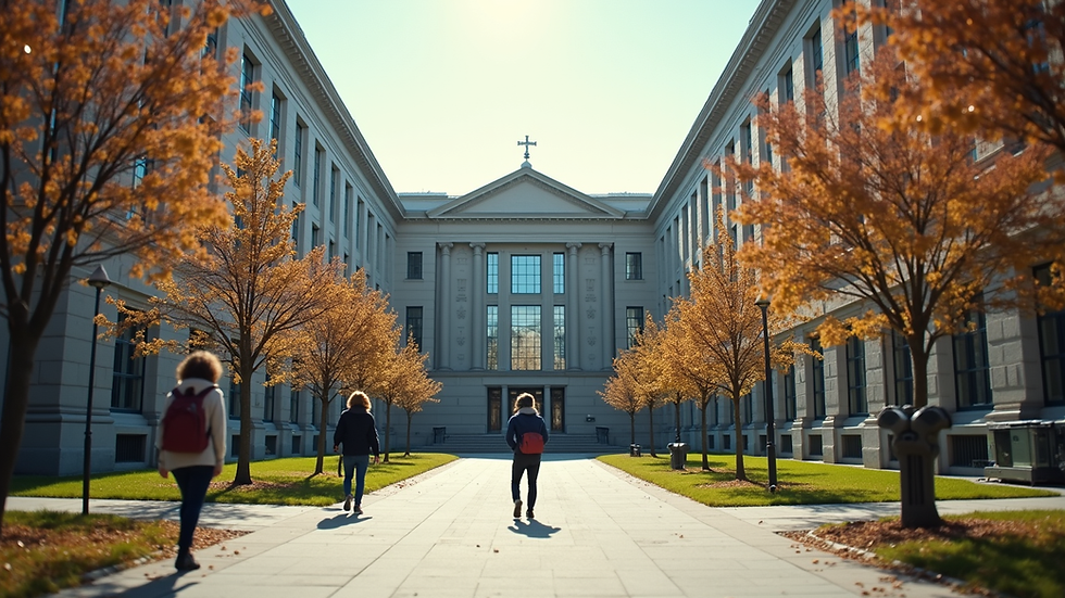 Eye-level view of university campus building with students walking